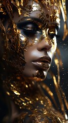 Gold glitter on the face of a model. Generative Ai.