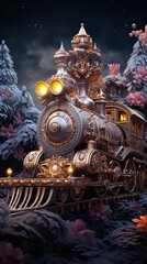 Fairy locomotive in the manner of a holiday postcard. Generative Ai.