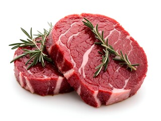 fresh, raw beef steaks garnished with a sprig of rosemary