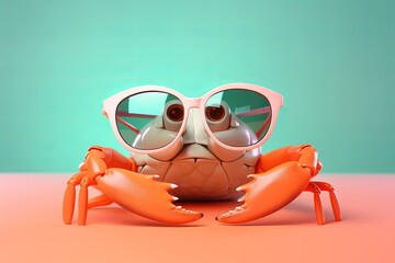 Crab Cartoon Character Wearing Sunglasses on Beach