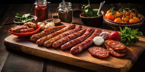 Assorted chorizo sausages on a wooden cutting board. - obrazy, fototapety, plakaty