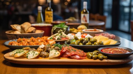Snacks with cod fish in tapas bar in Spain, traditional Spanish food