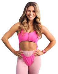 Fototapeta premium Woman, vintage sportswear and smile in portrait, retro fashion and isolated on transparent png background. Female person, confidence and pride for wellness, exercise and neon clothing for aerobics