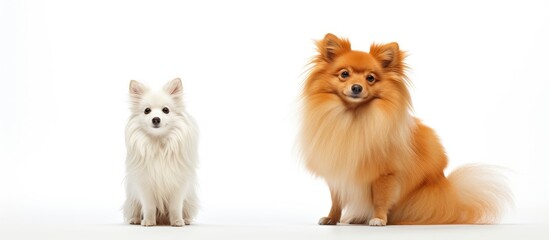 Obraz premium In a beautifully isolated white background, a fashionable dog exudes love, adorned with a white, happy and cute coat. Its orange fur contrasts with its red collar, portraying a purebred, carnivorous