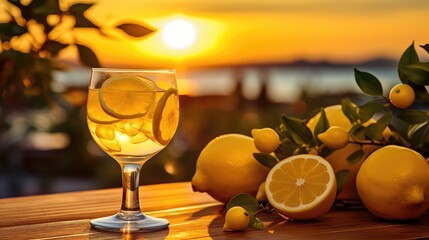 summer lemon cocktail drink limoncello illustration glass beverage, cold table, alcohol ade summer...