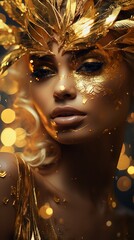 Gold glitter on the face of a model. Generative Ai.