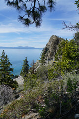 View of Cave Rock on the East Shore of Lake Tahoe on a sunny day