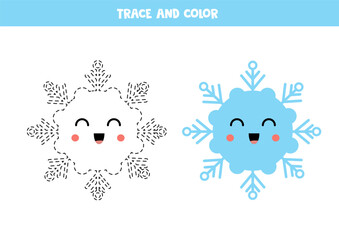 Trace and color cartoon blue smiling snowflake. Worksheet for children.