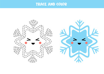 Trace and color cartoon blue smiling snowflake. Worksheet for children.