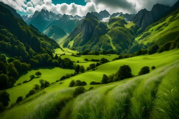 Majestic view of beautiful lush green valley with trees and colorful grass against picturesque high...