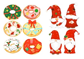 Set of illustrations of donuts and elves isolated on white background in Christmas theme.