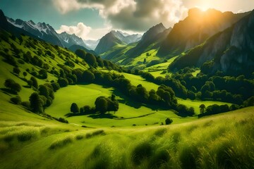 Majestic view of beautiful lush green valley with trees and colorful grass against picturesque high...