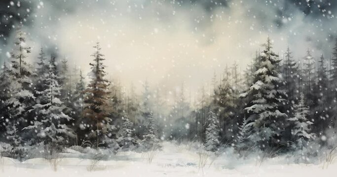 Watercolor Winter Christmas Forest Trees Snowfall Animation Loop