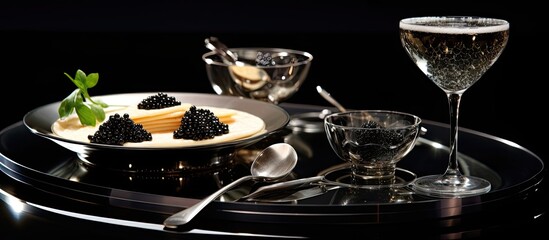 At the black-tie restaurant, a luxurious light shone on the glass table, showcasing a gourmet meal of black caviar from the sturgeon fish; a seafood appetizer, a symbol of luxury and nutrition, served