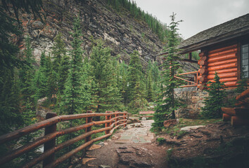 High mountain village - a stone path, a wooden fence in the middle of a coniferous forest and the...