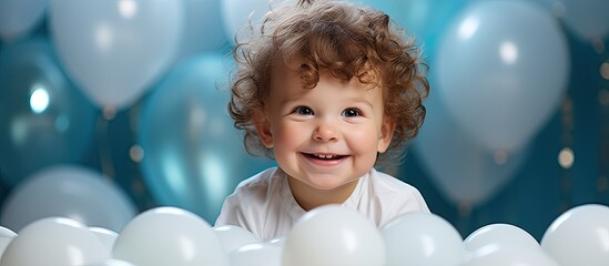 At the birthday party, the child's face lit up with joy as they saw the adorable baby dressed in a white outfit, surrounded by cute blue balloons and a perfectly lit cake. It was a portrait of happy - obrazy, fototapety, plakaty