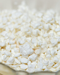 Homemade cottage cheese in a white bowl close-up