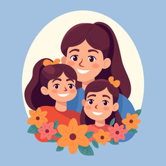 Mother with children, Mom with daughter, Happy Family Moments, Flat Style Cartoon Illustration. Mother's Day Concept.