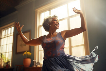 Smiling afro american elderly woman dancing near the window - 684958844