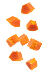 Falling fresh ripe papaya slices isolated on white background.