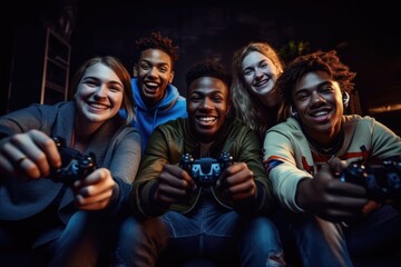 Group of happy young female and male gamers playing video games together. enthusiastically playing game console and pc game - obrazy, fototapety, plakaty