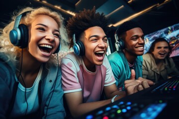 Group of happy young female and male gamers playing video games together. enthusiastically playing game console and pc game - obrazy, fototapety, plakaty