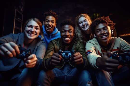 Group of happy young female and male gamers playing video games together. enthusiastically playing game console and pc game