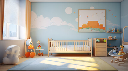 A room with a baby's crib and a painting of a whale.A Playful Nursery Adventure Featuring a Baby's Crib 
