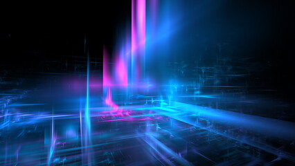Futuristic abstract light, perspective, glowing background, technology design, science wallpaper, tunnel space. 3d render