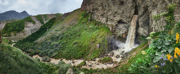 Jily-su tract, Syltran-su mountain waterfall, Elbrus, Caucasus. Thawed mountain waters of the river...