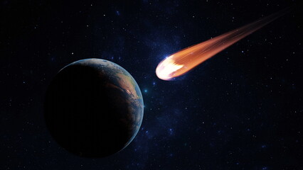 Asteroid, fall of comet to earth, Armageddon disaster, danger meteorite. Huge fiery comet is flying in space towards Earth. 3d render © angel_nt