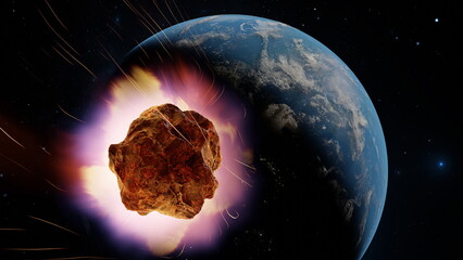 Asteroid, fall of comet to earth, Armageddon disaster, danger meteorite. Huge fiery comet is flying in space towards Earth. 3d render