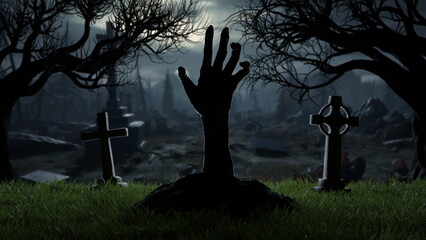 Hand of risen dead from grave in cemetery, Halloween grave crosses, zombies at night. 3d render