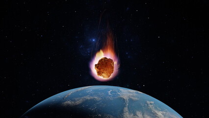 Asteroid, fall of comet to earth, Armageddon disaster, danger meteorite. Huge fiery comet is flying in space towards Earth. 3d render - Powered by Adobe