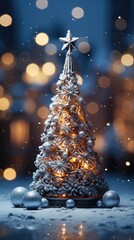Christmas tree with lighting and a snowy background. Generative Ai.