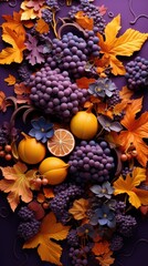 Naklejka na ściany i meble On a purple backdrop pumpkins and autumn fruits. Generative Ai.