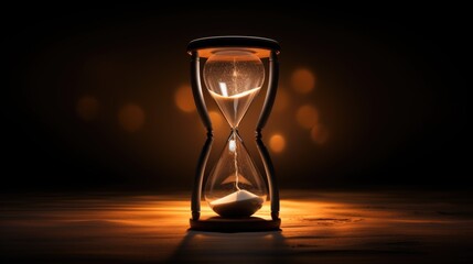 Illuminated Hourglass on Wooden Surface, Time Slipping Away.