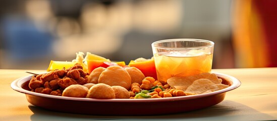 During the Countryn festival, a plate of mouthwatering Panipuri chat with crispy puri, spicy potato and chickpeas, tangy tamarind chutney and flavorful masala sauce is served alongside refreshing - obrazy, fototapety, plakaty