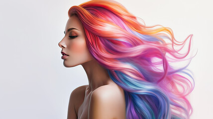 a girl with long multicolored hair on a white background advertising beauty and polishes of multicolored paint
