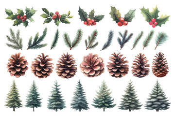 もみの木と松ぼっくり、クリスマス飾りの水彩イラストの素材セット