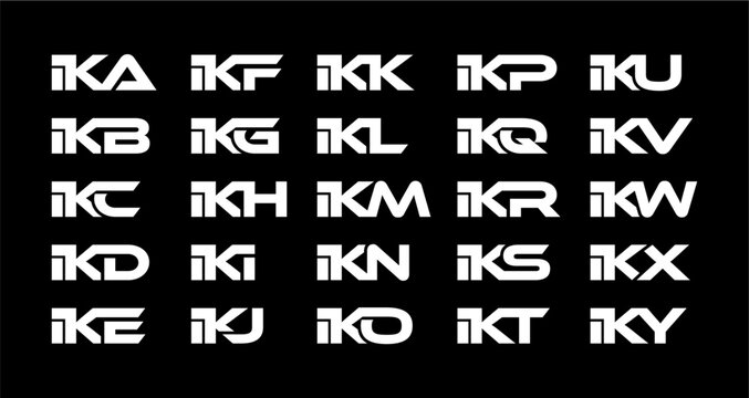 IKA, IKB, IKC, IKD, IKE, IKF, IKG, IKH, IKI, IKJ, IKL, IKM, IKN, IKO, IKP, IKQ, IKR, IKS, IKT, IKU, IKV, IKW, IKX, IKY Letter Initial Logo Design Template Vector Illustration