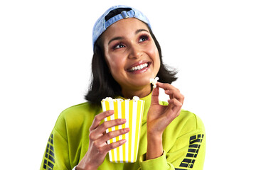 Woman, popcorn and thinking on movie choice, decision and streaming online for entertainment....