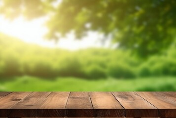 beautiful spring green landscape background with empty table. generative ai