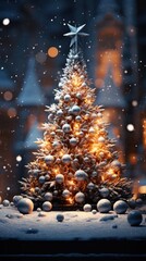 Christmas tree with lighting and a snowy background. Generative Ai.