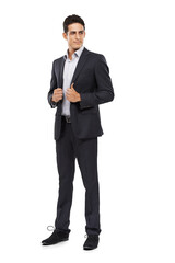 Fashion, suit and business man confident in formal work clothes, corporate attire or company dress code. Pride, special occasion outfit and professional model isolated on transparent, png background