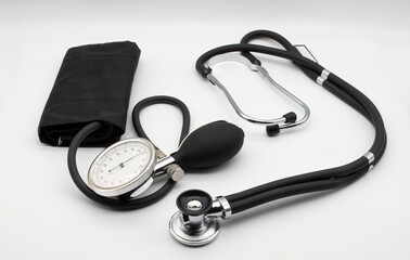 Manual medical blood pressure monitor and stethoscope. Sphygmomanometer. Health and Medical concept.