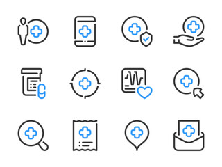 Healthcare vector line icons. Clinic and Hospital outline icon set. Ambulance, Medicine, Health, Medical service, First Aid and more.