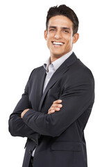 Portrait, arms crossed or professional realtor, happy man or property developer smile for sales experience, job or career. Confident, work or real estate agent isolated on transparent, png background - obrazy, fototapety, plakaty