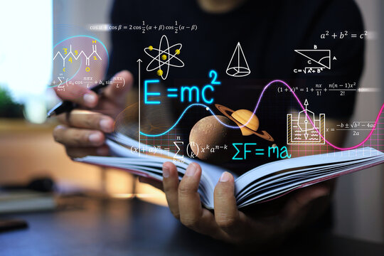 physics and mathematics equation concept with student writing on a notebook about Albert Einstein's calculations of the equations of relativity and Sir Isaac Newton's theory of gravity on note book - Powered by Adobe
