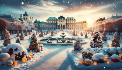A picturesque winter scene in Vienna's Belvedere Palace gardens, with snow-covered grounds and festive decorations, as a 16 9 Christmas wallpaper - obrazy, fototapety, plakaty